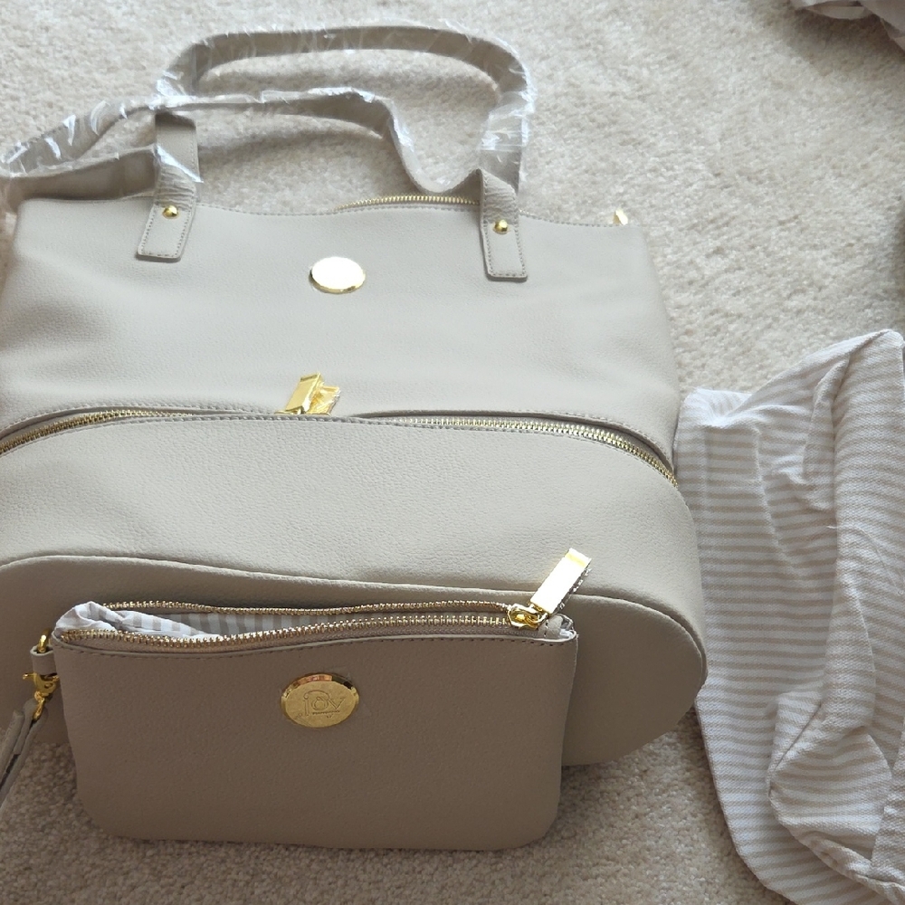 Joy Mangano Beige Tote and Pouch Set